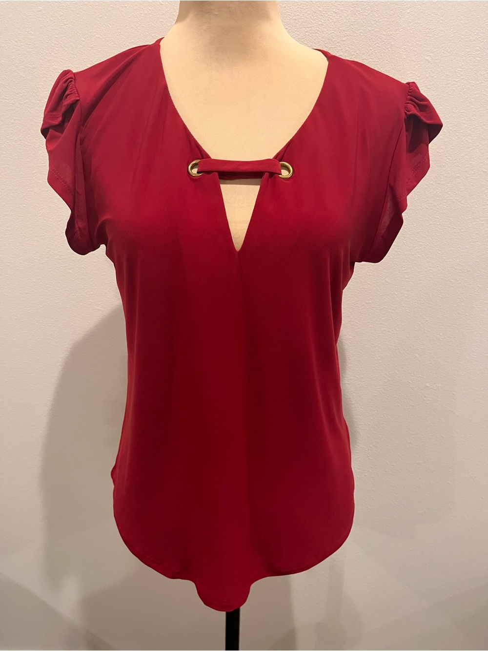 3/$11 Short Sleeved Red Flutter Sleeve Deep V-Neck Top with Grommet Accent